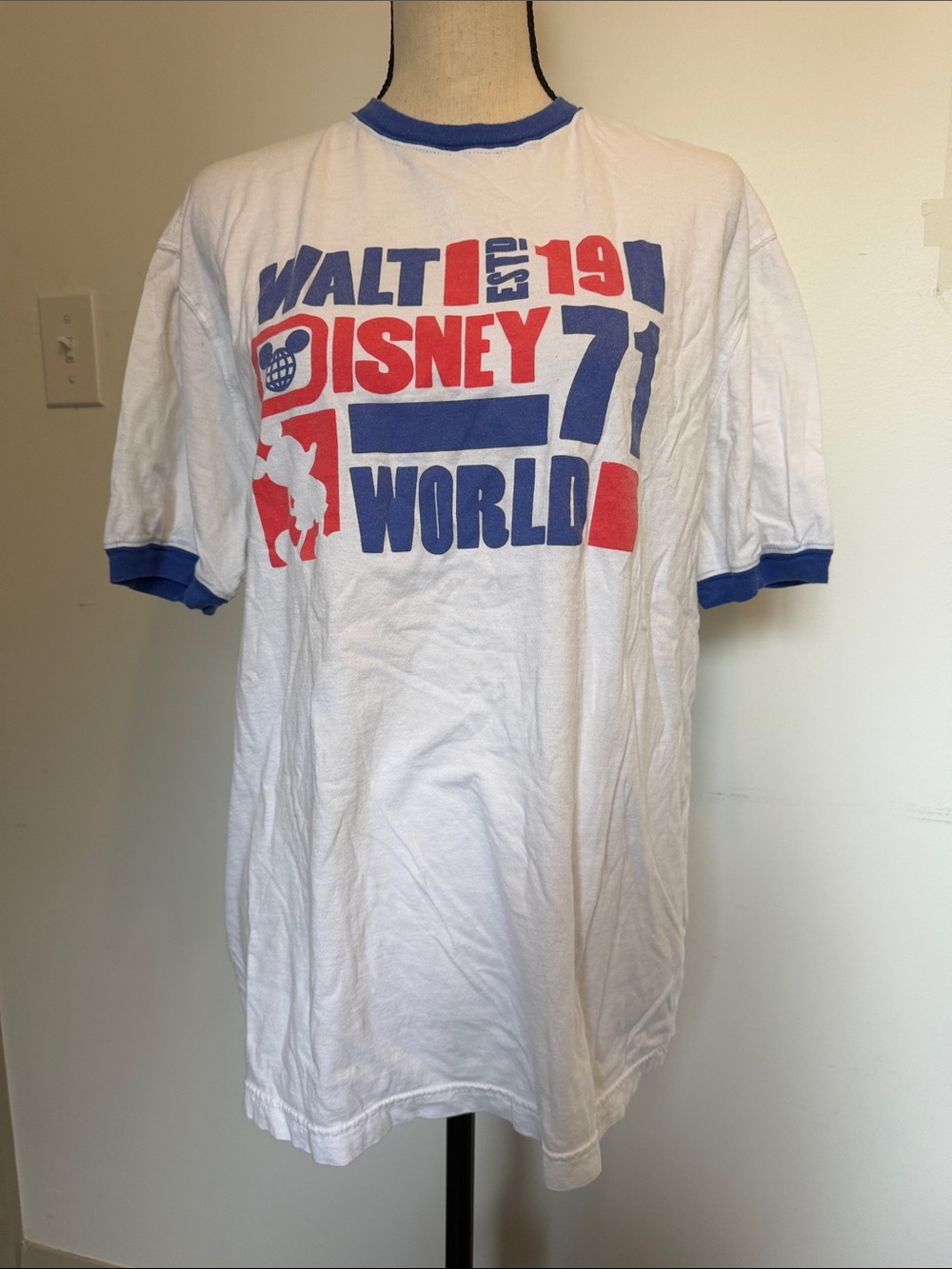 Disney White Ringer Tee with Red and Blue Walt Disney World Graphic 1971 XL
